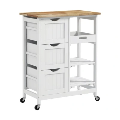 Imagen de HOMCOM Carro de Cocina Carrito Auxiliar con Ruedas Verdulero Tablero Madera 3 Cajones 2 Estantes Abiertos y Bandeja Extraíble para Comedor Salón 67x37x85,5 cm Blanco