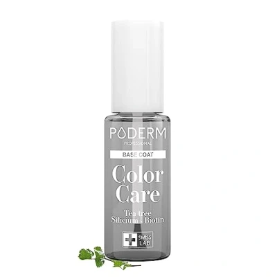 Imagen de PODERM BASE COAT Protectora Enriquecida con ÁRBOL de TÉ Garantiza una larga duración los colores Prevención y tratamiento las uñas amarillas/dañadas Ingredientes naturales Swiss Lab