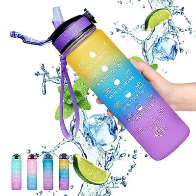 Imagen de Gaiayhc Botella de agua deportiva 1 L, motivacional con marcador tiempo y popote, diseño a prueba fugas 30 onzas para deportes, senderismo, gimnasio, fitness, al aire libre, ciclismo,