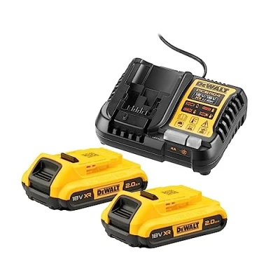 Imagen de DeWalt DCB1104D2 QW, Kit de Baterías y cargador, 2x DCB183 XJ, 1 x cargador rápido DCB1104 18V / 2.0 Ah, Indicador estado carga, Compatible con máquinas batería XR