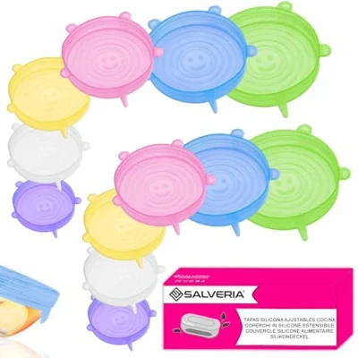 Imagen de tapas silicona ajustables cocina 12 uds adaptables ecologicas elasticas reutilizables Sin BPA Lavado a lavavajillas de tapa tapaderas eco multicolor