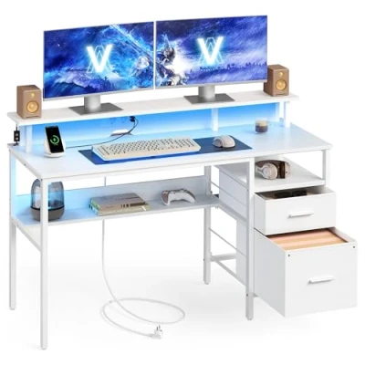 Imagen de VASAGLE Escritorio con Cajones de Tela, Luces LED y Tomas Corriente Incorporadas, Estante para Monitor, 55 x 135 90 cm, 2 Puertos USB A, Oficina Casa, Blanco Arce LWD094W01