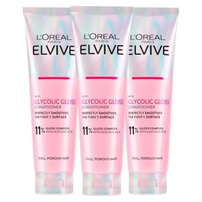 Imagen de L&#039;Oréal Paris Elvive Glycolic Gloss Acondicionador con ácido glicólico para cabello opaco y poroso, brillo intenso duradero 3 botellas de 150 ml