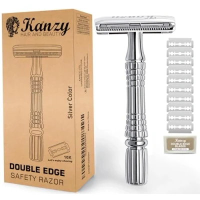 Imagen de Kanzy Maquinilla de Afeitar Doble Filo para Hombre y Mujer con 10 Cuchillas, Safety Razor Set Afeitado Manual Adecuado Todos Cuchilla Clasica