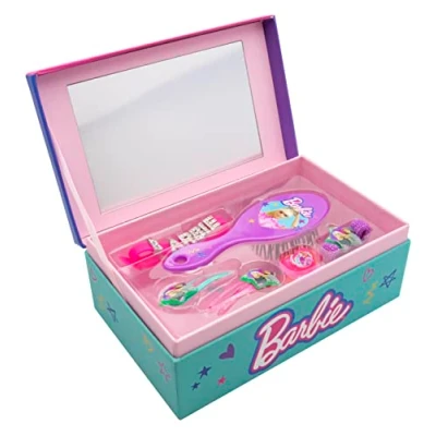 Imagen de Joy Toy Joyero Barbie con Accesorios: Cepillo, 2 Horquillas, Anillo, Pulsera, Cinta para el Pelo 18 x 11,5 7 cm