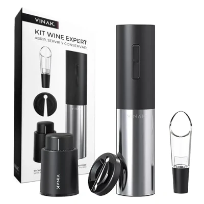 Imagen de VINAK KIT Wine Expert Sacacorchos eléctrico recargable en acero inoxidable + tapón de vino vacío vertedor y cortacápsulas Diseño moderno Abrebotellas sin esfuerzo