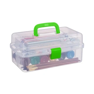 Imagen de Relaxdays Estuche de plástico, Organizador con Nueve Compartimentos, Asas, Cierre Click, 14 x 33 19 cm, Verde, 19.5 cm