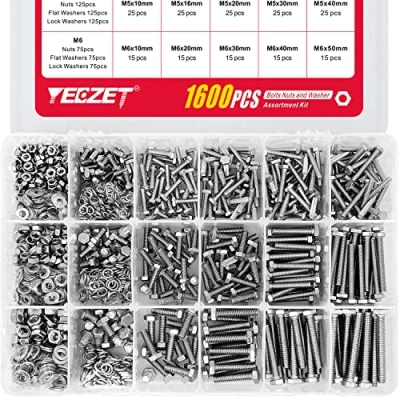 Imagen de YEEZET Kit de Surtido 1600 Piezas Tuercas M4 M5 M6 con Arandelas Planas y Seguridad, Fabricadas en Acero Inoxidable 18 8, las 15 Tamaños más Comunes.