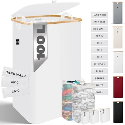 Imagen de KESSER® Cesto para la colada con tapa, plegable, 100 litros, cesta colada, 2 bolsas extraíbles, incluye instrucciones de lavado, color blanco