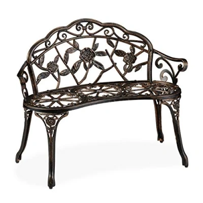 Imagen de Relaxdays Banco Jardín, 2 Plazas, Rosas, Terraza y Balcón, Aluminio Hierro Fundido, Asiento Retro, 78x99x52 cm, Bronce, Tablero de Fibras, 1 Unidad