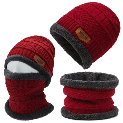 Imagen de TuoFang Gorro Invierno y Bufanda para hombre Mujer, Conjunto de Lana con Bufanda, Gorros Punto Forro Unisexo (Rojo)