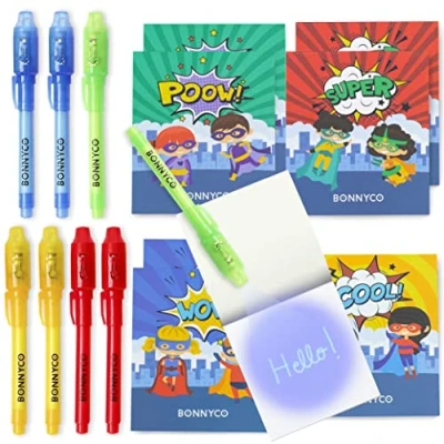Imagen de BONNYCO Bolígrafo Tinta Invisible y Libreta Superheroes Pack x8 Detalles Cumpleaños Niños, Regalos Niños Colegio, Piñatas de Fiesta Infantil