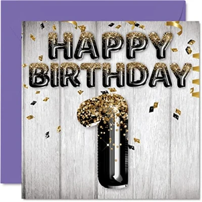Imagen de Tarjeta de primer cumpleaños para niños, globos purpurina negra y dorada, tarjetas feliz niño 1 año, hijo, hermano, nieto, primo, 145 mm x mm, felicitación
