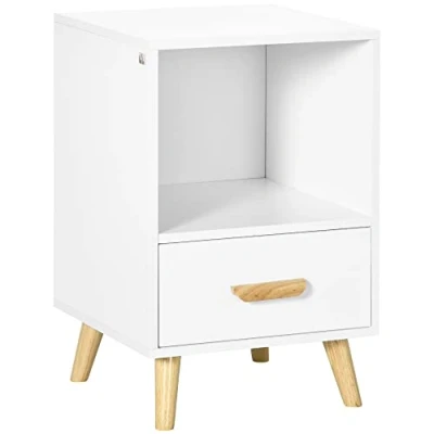 Imagen de HOMCOM Mesa Auxiliar Moderna Mesita de Noche con 1 Cajón y Compartimiento Almacenamiento Mesilla para Salón Dormitorio Cama 40x40x62 cm Blanco