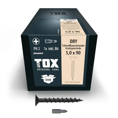 Imagen de TOX tornillos para cartón yeso DRY GG 5,0 x 90 mm, fosfatados negros con cabeza de trompeta + rosca gruesa, sobre subestructura madera, PH2, incl. 1x broca, 142353215090