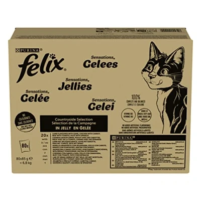 Imagen de Purina Felix Sensations Comida húmeda para Gatos con Ternera, Pollo, Pato, Cordero, 80 Sobres de 85 g, 1 Unidad (Lote 1)