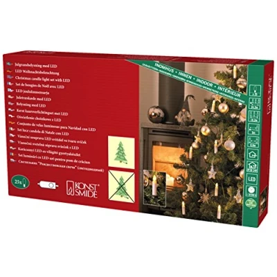Imagen de Konstsmide 1004 020 Guirnalda LED con luces para árbol/blancas interior (IP20)/VDE/24 V transformador interior/One string/con interruptor/25 diodos de blanco cálido/Cable Verde