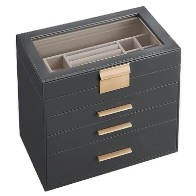 Imagen de SONGMICS Caja de Joyas, Joyero con 4 Niveles, Estuche para Joyería Tapa Cristal, 3 Cajones, Gafas Sol, Joyas Grandes, Moderno, Gris y Dorado JBC161C01