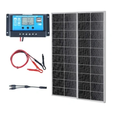 Imagen de VEVOR Kit de Panel Solar Monocristalino 200W 2 Paneles Solares y Controlador Carga Módulo Fotovoltaico Alta Eficiencia 23% Impermeable IP68 para el Hogar, RV, Barco, Fuera Red