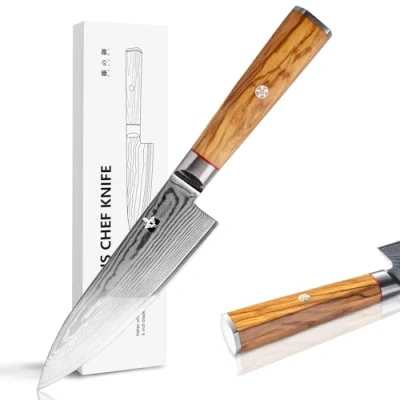 Imagen de FUJUNI Cuchillo Cocina Acero Damasco 15CM de 67 Capas, Núcleo Corte Súper VG10 con Mango Madera Olivo