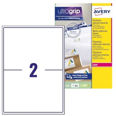 Imagen de Avery España L7168 15 etiquetas adhesivas blancas ideales para envios paquetes, imprimibles, medida 199,6x 143,5mm Caja de 30