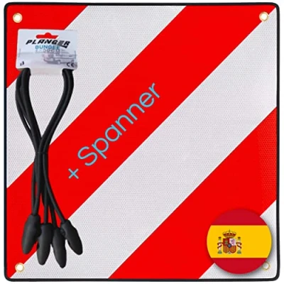 Imagen de PLANGER® Cartel de Advertencia España (50 x 50 cm) + Tensor Señal Reflectante Rojo y Blanco para portabicicletas.