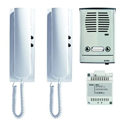 Imagen de Vimar 885E Kit portero para instalación bifamiliar 4+2 conductores, incluye placa de superficie con 2 pulsadores, unidad electrónica, porteros, transformador