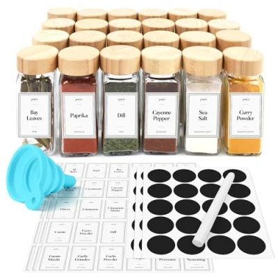 Imagen de Joejis Tarros de especias con tapas y etiquetas, juego 24 recipientes vidrio 120 ml, tapa bambú, solución almacenamiento cocina definitiva para hierbas