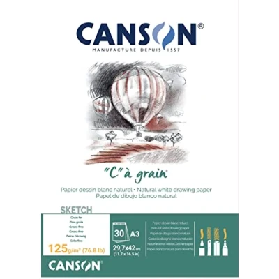 Imagen de Canson &#039;&#039;C&#039;&#039; à grain, Papel de boceto blanco, Grano fino, 125g, Encolados por el lado corto, A3 29,7x42cm, Blanco natural, 30 Hojas
