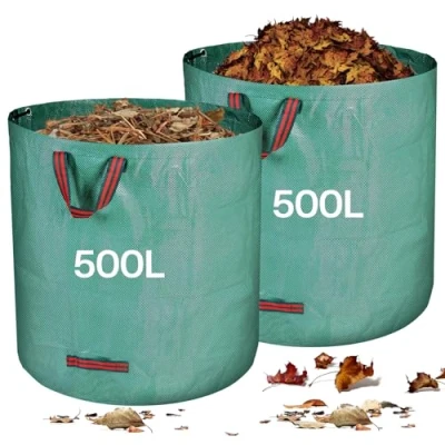 Imagen de Zanfqvo Saco de basura jardín estable, 2 x 500 L, con asas, plegables, resistentes, tejido polipropileno 150 g/m², corte césped para residuos jardín, hojas verdes