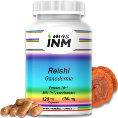 Imagen de Reishi Puro 13000 mg Extracto 20:1 de Ganoderma Lucidum 20 Veces más Concentrado 50% Polisacáridos 20% Betaglucanos Antioxidante 4 Meses 120 Cápsulas SIN Aditivos No GMO Masinmune