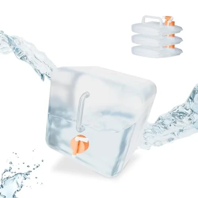 Imagen de Relaxdays Pack 4 Bidones Plegables, Garrafas Agua Cuadradas, Grifo y Asa, de 10 litros, sin BPA, Transparente/Naranja