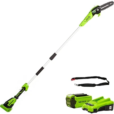 Imagen de Greenworks G40PSFK2 Sierras telescópicas para exterior, Barra de 8 Pulgada (20 cm), Velocidad Cadena m/s, 3,64 kg, Autoengrasado, Poste 2.58m, Batería 40V 2Ah y Cargador, Garantía 3 Años
