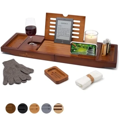 Imagen de TEMPLE SPRING Bandeja para bañera de bambú con Velas, Copas Vino, Libros, Tablets, iPad y Soporte teléfono. Extensible, Madera, baño 100%