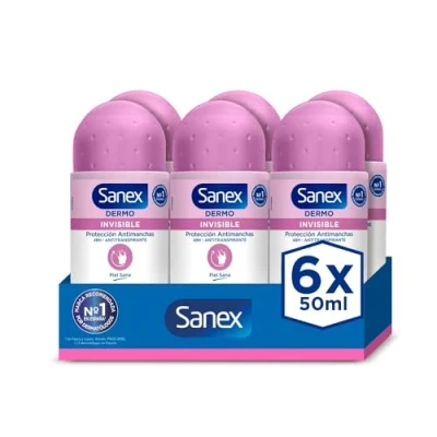 Imagen de Sanex Dermo Invisible Desodorante Roll On, Pack 6 Uds x 50 ml, Antitranspirante con hasta 48H de Protección contra el Sudor y Olor, Antimanchas, Restaura pH Natural la Piel
