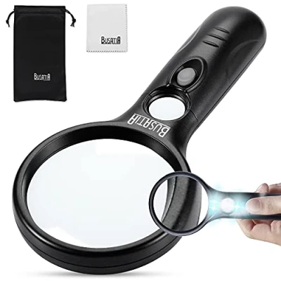 Imagen de BUSATIA Lupa con luz LED iluminada 3 aumentos 45X, Ligera de Mano para Lectura, inspección, joyería, Pasatiempos y Manualidades