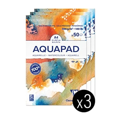 Imagen de Clairefontaine 975721C Goldline Aquapad Lote de 50 hojas papel acuarela blanca grano fino A4 21 x 29,7 cm, 300 g, para la técnica Humide Paquete 3 bloques