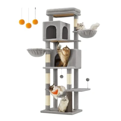Imagen de Feandrea Árbol para Gatos, Torre Arañar de 175 cm Altura, Multinivel con 2 Cuevas, Cestas, 5 Rascadores, Alfombra, Plataforma, Hamaca, Gris Paloma PCT182G01