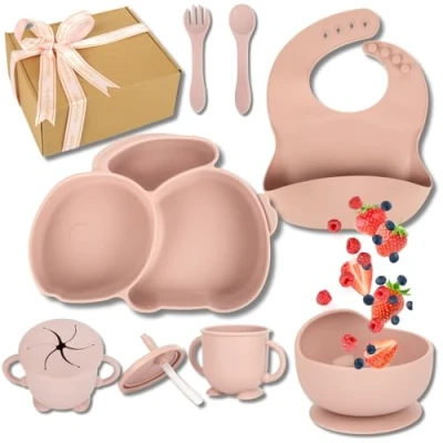 Imagen de DIVERGIANA Vajilla bebe silicona conejo Plato con ventosa libre de BPA 9 piezas infantil regalo vaso antiahogo 2 en 1 diseño divertido