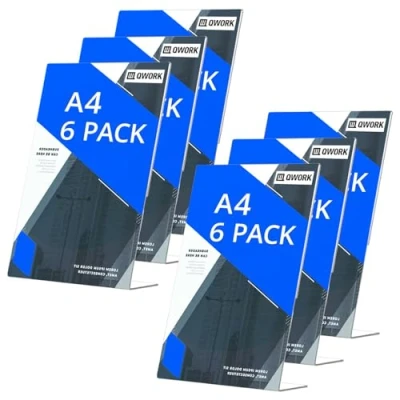 Imagen de QWORK® Pack de 6 Soporte para Letreros Acrílico A4 Expositores Sobremesa Transparentes en Forma L Porta Menús y Pósteres