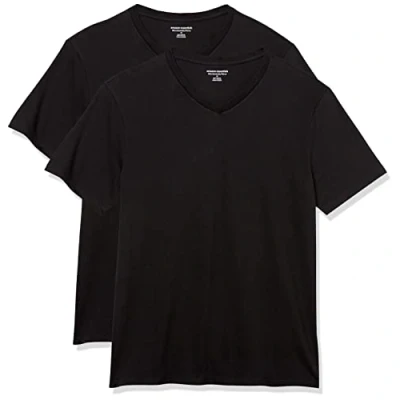 Imagen de Amazon Essentials Camisetas de manga corta con cuello pico y corte ajustado Hombre, Pack 2, Negro, XXL