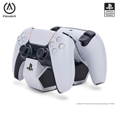 Imagen de PowerA Cargador Rápido Dual para 2 x Mandos Inalámbricos DualSense, Estación Doble de Carga Sony PlayStation 5 (Gris/Negro)