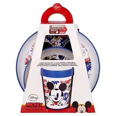 Imagen de Vajilla infantil reutilizable antideslizante con base de silicona bicolor compuesto plato, cuenco y vaso Mickey Mouse