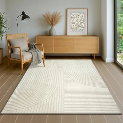Imagen de the carpet Everest Alfombra Moderna de Pelo Corto salón Dormitorio con Efecto Alto bajo, 3D, Alta Densidad y agradablemente Suave, diseño Panglao, Crema, 80 x 150 cm