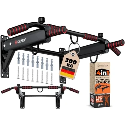 Imagen de KESSER® Barra de dominadas 4 en 1 para montaje la pared, asas antideslizantes, función adicional anillos cuerdas y sacos boxeo seguro estable rojo