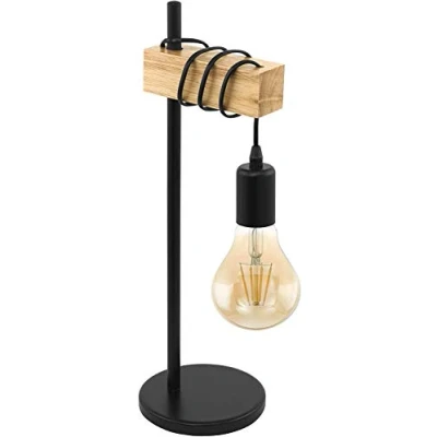 Imagen de Mengjay Lámpara de mesa Diseño industrial, Escritorio madera Retro, Noche Metal Vintage, E27 Lectura, Sin bombilla, Cable con interruptor