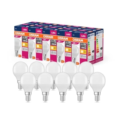 Imagen de OSRAM Valor de estrella LED Lámpara clásica P40 para enchufe E14, forma caída, FR, 470 lúmenes, blanco cálido (2700k), reemplazo bombillas convencionales 40W, paquete 10