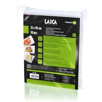 Imagen de 50 bolsas de plástico gofradas 25x30 cm Laica VT3510 especiales para el envasado al vacío alimentos. Libre BPA.