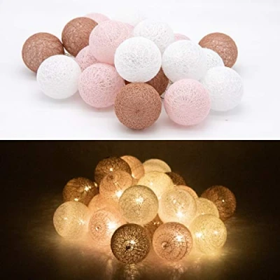Imagen de TRONJE LED Guirnalda Luminosa 20 Bolas de Algodón Ø6cm 3,8 m Luces Hadas Marrón Rosa Luz Noche 4h Temporizador Funciona con Pilas