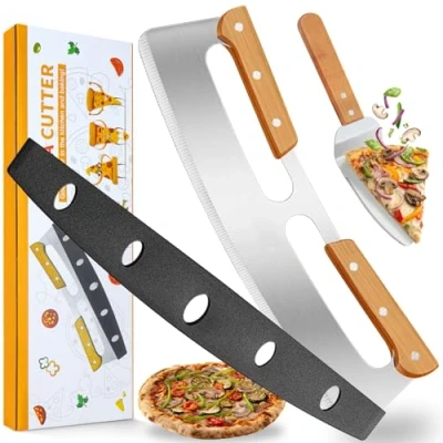 Imagen de Corta Pizza, Cortador Pizza Grande Acero Inoxidable &amp; Pala Cortapizzas XXL con Asas de Madera y Cubierta Protectora, Cuchilla Súper Afilada, para Lavavajillas (35cm*11cm)